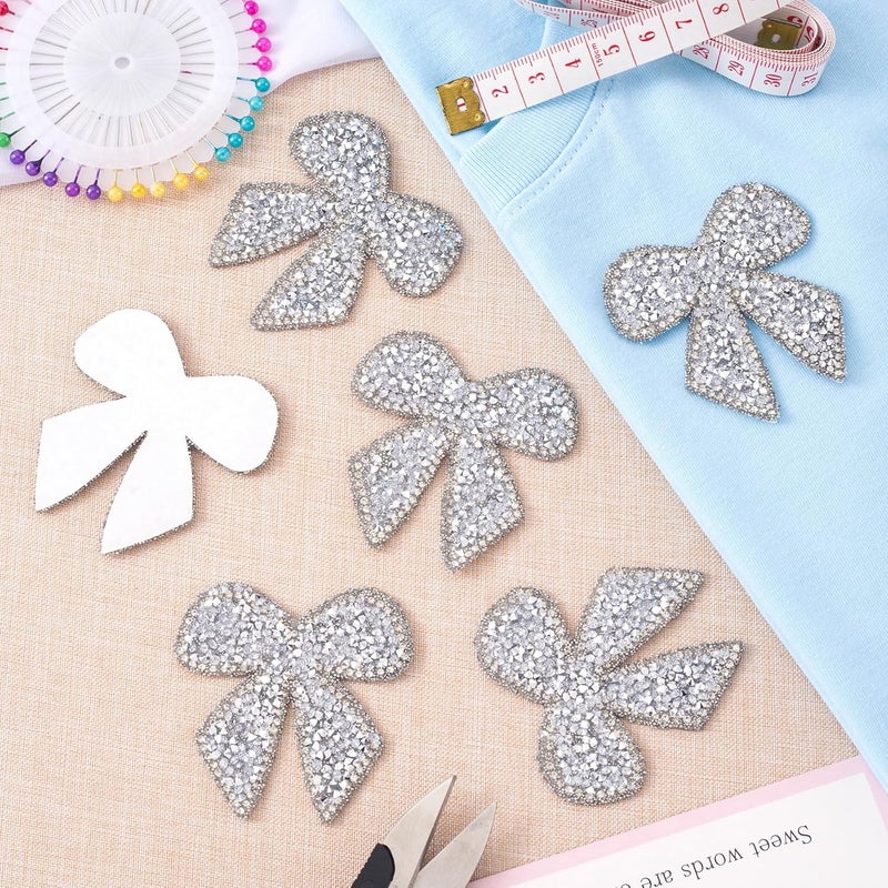 SmallCat 3 Pcs Bow Rhinestone Patches, Glitter Bowknot Applique, Self-Adhesive Repair Bow Clothing Patches for Jackets Hats Bags Jeans Shoes - Silver - Image 2